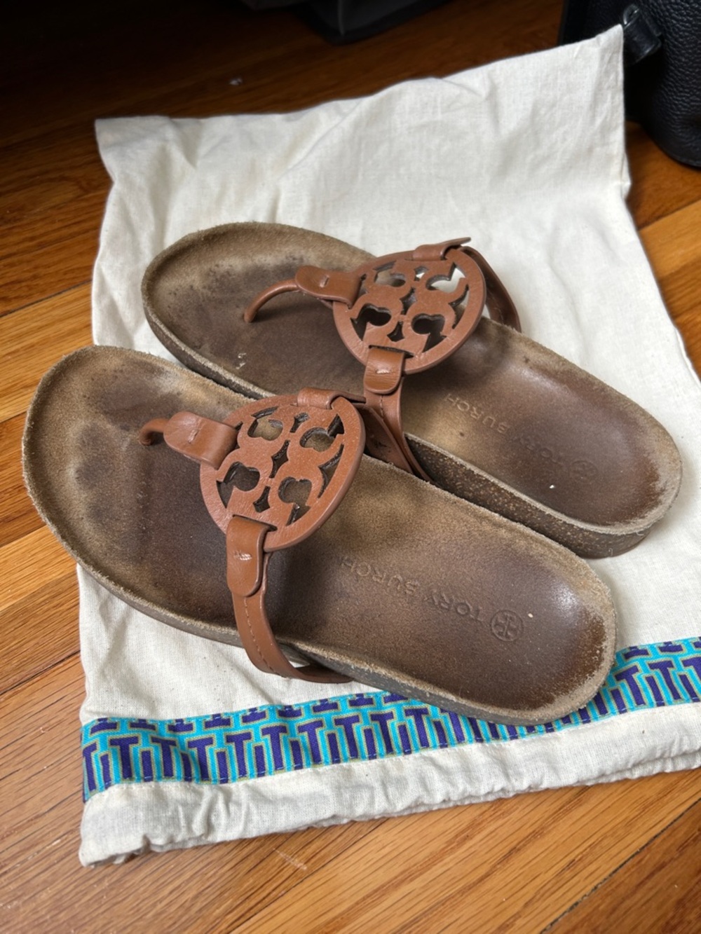 Tory Burch Brown Leather Cutout Logo Thong Sandals